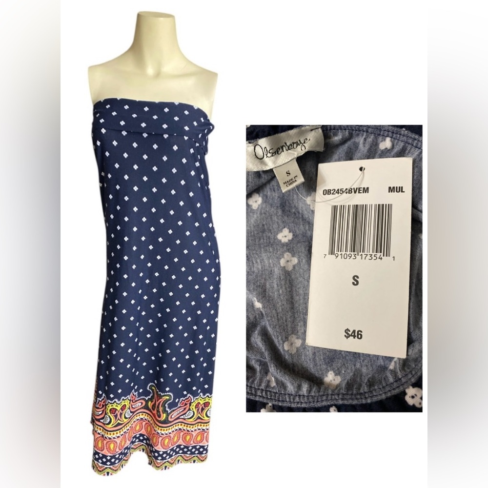 Olsenboye navy blue strapless maxi dress with paisley border print Women’s S